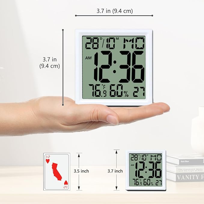 Timloon Digital Alarm Clock Mini Size for Bedside, Big Numbers Display with Backlight, Alarm, Temperature and Humidity, 12/24H, Snooze,℃/℉ Switching (Size: 3.7"x3.7")