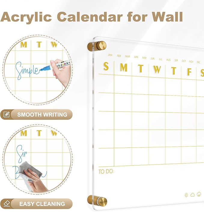 Small Acrylic Calendar for Wall, 12" X 14" Golden Clear Acrylic Wall Calendar, Clear Wet & Dry Erase Board Hanging Frameless Weekly Planner for Office, Home or School, 2 Markers