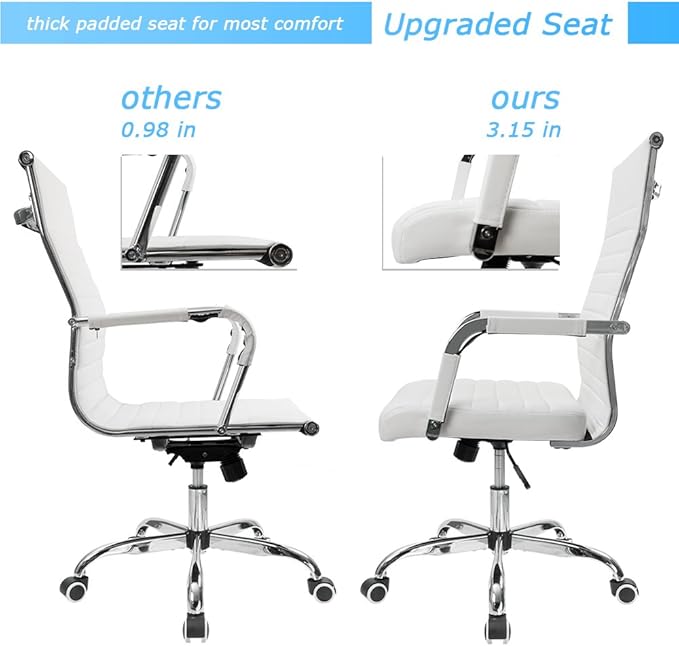 Furmax Ribbed Office Desk Chair Mid-Back PU Leather Executive Conference Task Chair Adjustable Swivel Chair with Arms (White)