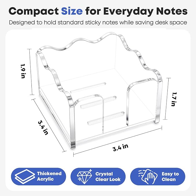 Scalloped Acrylic Sticky Note Holder - 1pc Clear Cute Notepad Holder, 3x3 Inch Wave Design Post It Dispenser Desk Organizer for Office & Classroom