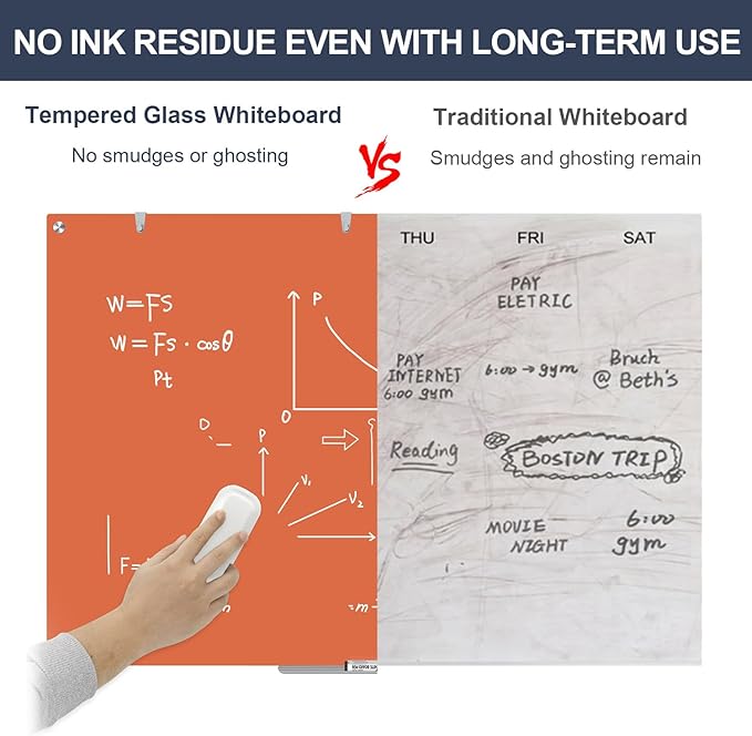 Glass White Board Dry Erase Board, 48x36 Inches Magnetic Glass Whiteboard, Large Dry Erase Board for Wall Office School Classroom Home, 4x3 Feet Orange Big Whiteboard Wall Mounted
