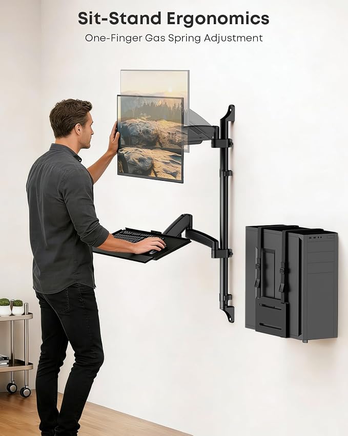 Wall Mount Sit Stand Workstation with Single Monitor Mount, Keyboard Tray and CPU Holder, Height Adjustable Full Motion Arms for 13-32 inch Screens, VESA 75x75, 100x100, Black