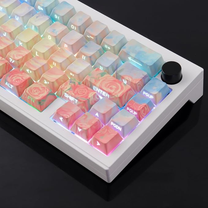 Tsungup Rose Pastel Keycaps,Side Print Custom Keyboard Keycap Set | Cherry Profile，135 Keys，Shine Through，PBT Keycaps for 60%65%75%100% Cherry Gateron MX Switches Mechanical Keyboard