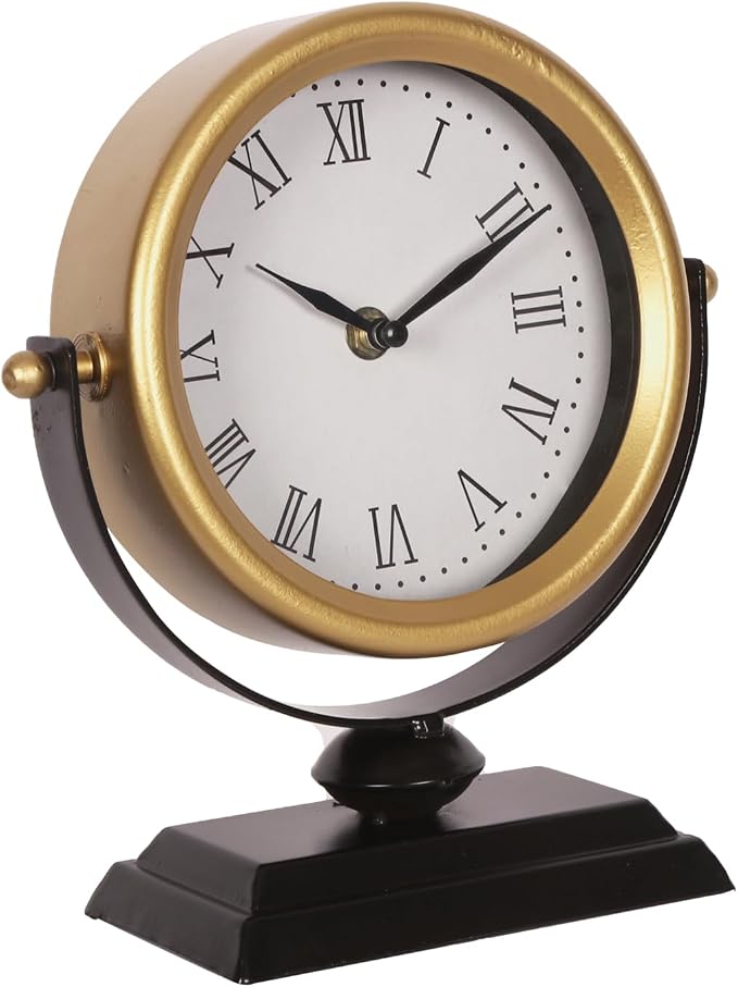 Vintage Analog Table Clock Battery Operated Silent Gold | Vintage Decor, Living Room Bedroom Office Shelf, Farmhouse Mantel Fireplace, Non-Ticking Silent, Small, Gold Desk Retro Style