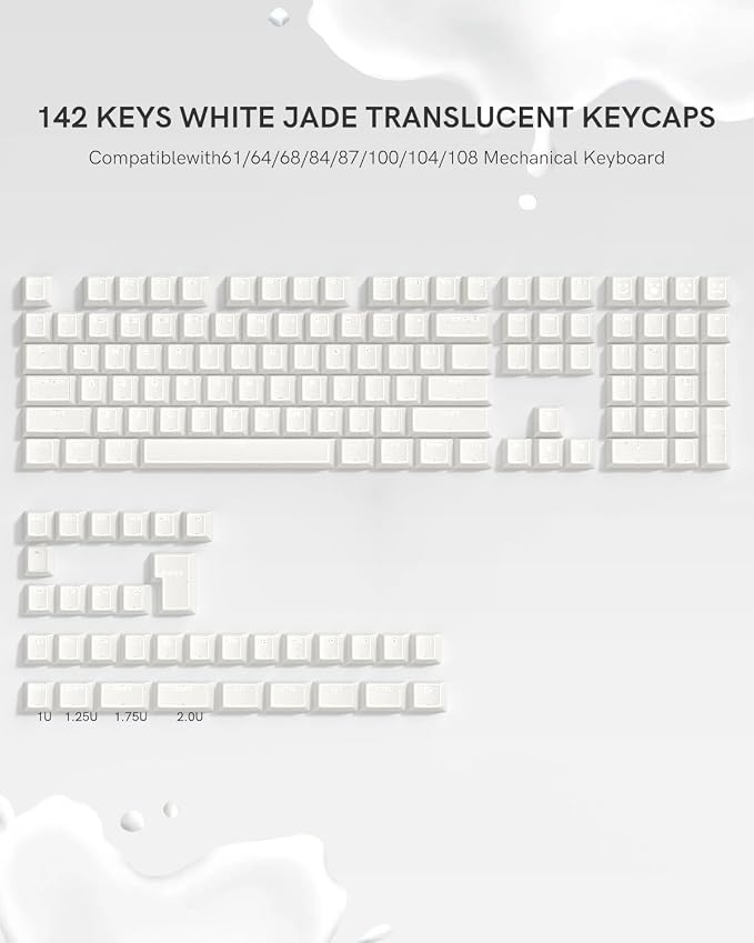 White Jade keycap, 142Key Set, Translucent Double Shot 142 Keys Cherry Profile for 60% 65% 75% 87 104 108 Layout Mechanical Keyboards, MX Switch CompatibleKeyboard