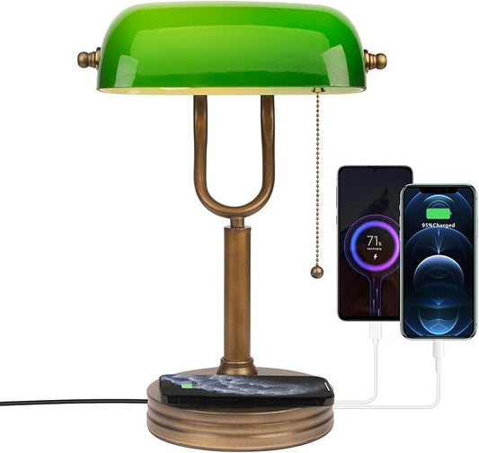 Green Glass Bankers Lamp, Retro Desk Lamp with USB Wireless Charging Port, Classic Pull Chain Switch Table lamp, for Home Office nightstand Bedside Study Desk Library