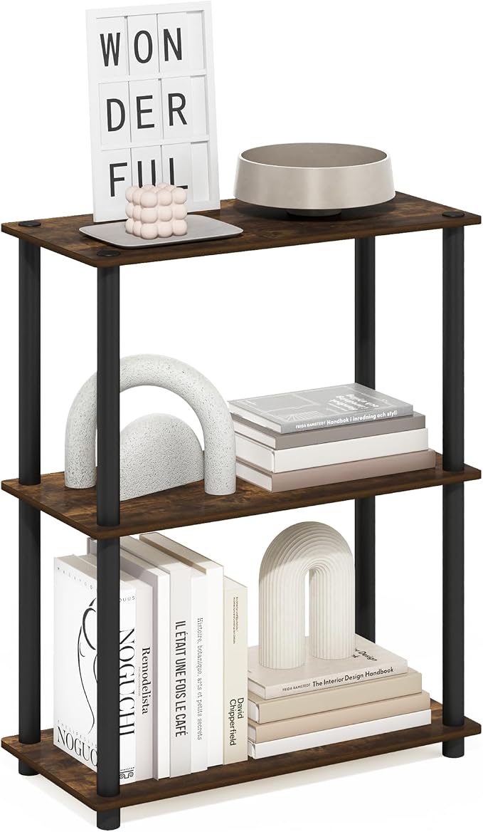 Furinno Turn-N-Tube Storage Shelves, 3-Tier Book Shelf, Corner Shelf, Toolless Open Shelves, for Organization and Storage, Living Room, Garage, Home Office, Amber Pine