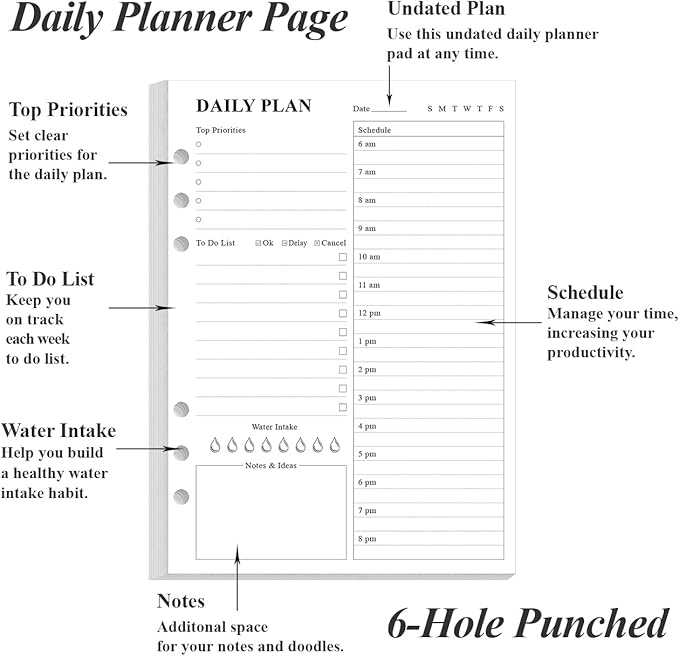 6-Hole Punched To Do List Insert - Undated Daily Planner Refill for A5 Binder,100 Sheets/200 Pages Planner and Lined Refill, 100 gsm White Paper, 5.8'' x 8.3''