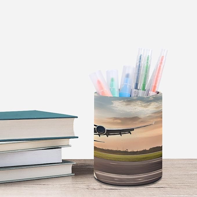 PU Leather Desk Organizer Pen Holder Cup for Office Home School, Airplane Pen Holder, Minimalist Round Stationery Caddy, Stylish Desktop Storage for Supplies Gifts