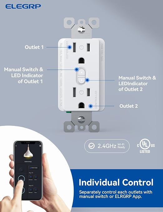 ELEGRP Smart Plug, Smart in-Wall Outlet Compatible with Alexa and Google Assistant, 2.4GHz Wi-Fi Smart Receptacle with Energy Monitoring, No Hub Required, UL Listed, White, 2 Pack