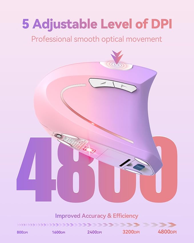 TECKNET 2.4G Ergonomic Mouse Vertical Wireless 4800 DPI Carpal Tunnel Mouse | 5 Adjustable DPI, Optical Tracking, 12 Months Battery, Quiet, 6 Buttons for Laptop, PC, Computer, Right Hand, Pink Purple