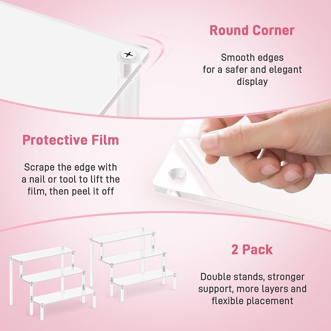 2 Packs Acrylic Display Stand Riser,3 Tier Perfume Organizer Cupcake Stand | Acrylic Pop Shelves Holder,Clear Desk Display Shelf for Figure,Trinket,Collectibles,Dessert Tray Stands for Party Decor-7.9in