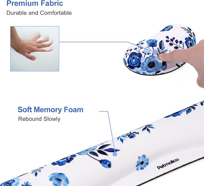 Petmolico Desk Pad Set with Wrist Rest for Keyboard & Mouse, Blue Flower | Anti-slip PU base, durable Lycra & memory foam, relieves wrist fatigue, perfect for work, home & daily use