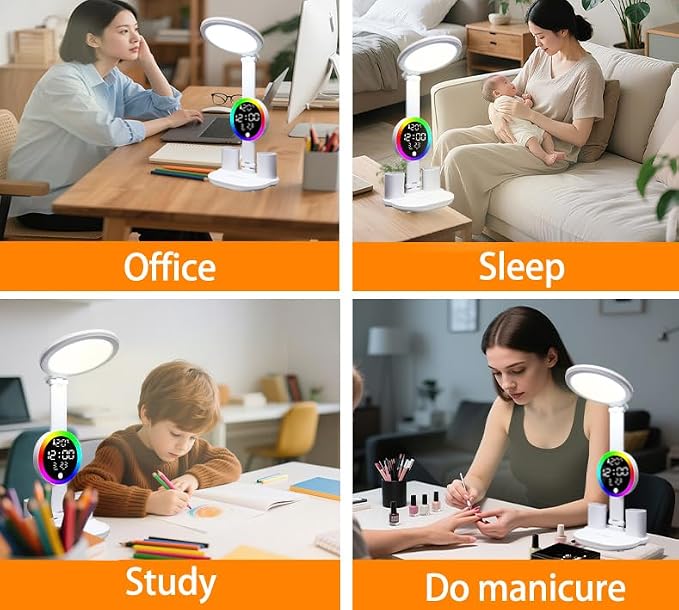 Led Desk Lamp, Desk Lamp with Usb Charging Port, Dimmable 3 Colorful Lights, Adjustable Folding with Clock Date, Pen & Phone Holder, Temperature, Home Office Bedroom Reading Study Work (White)