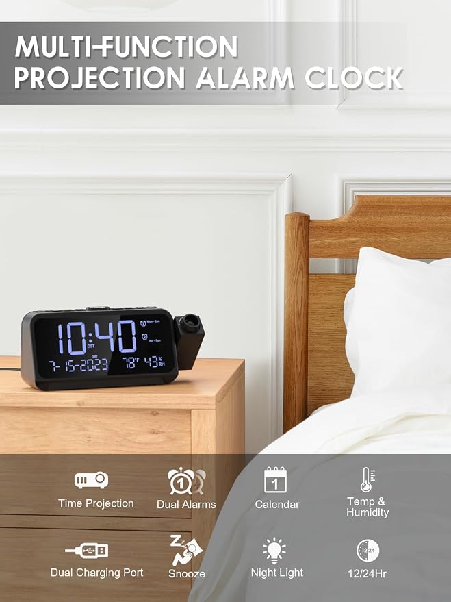 ROCAM Projection Alarm Clock with 180° Ceiling Projector & Digital Display | 5-Level Dimmer, Dual Alarms, Night Light, Temp & Humidity Display, Weekday/Weekend Mode, DST, Snooze Function for bedroom