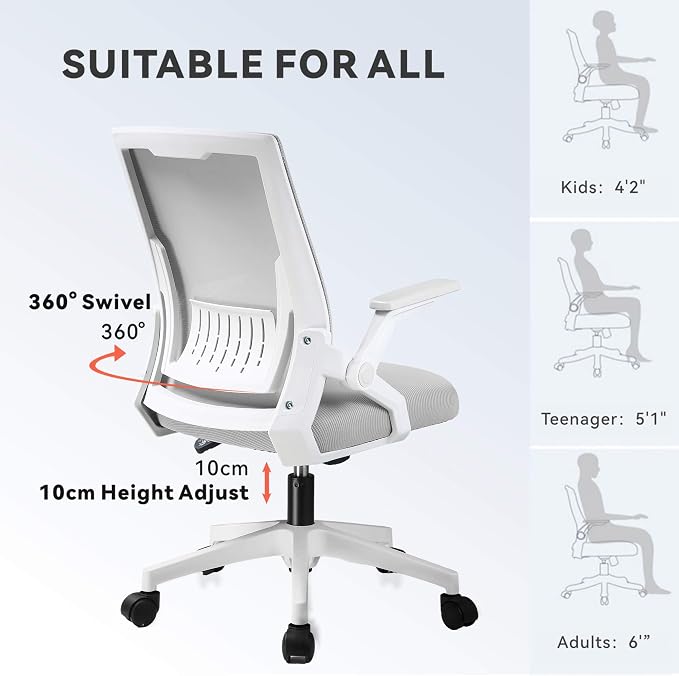 COMHOMA Office Chair with Flip-up Armrests Ergonomic Computer Desk Chair with Adaptive Lumbar Support & Breathable Mesh, Gray