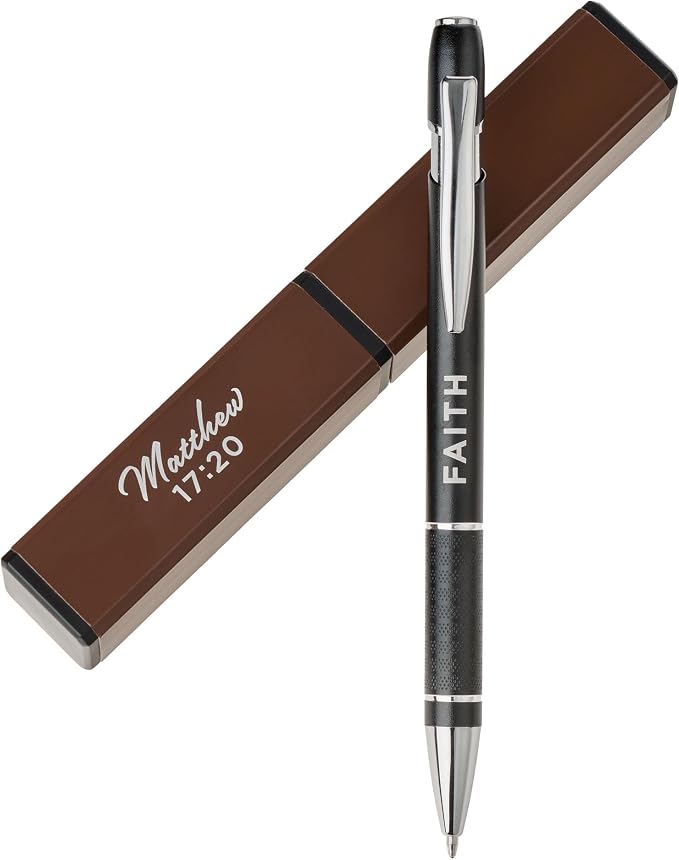 Christian Art Gifts Premium Medium Ballpoint Retractable Scripture Pen in Brown Protective Case for Men & Women: Faith Encouraging Bible Verse, Refillable Ink, Pocket Clip, Sturdy Metal, Black/Silver