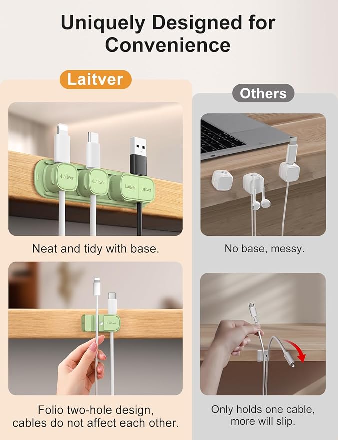 6 Pack Magnetic Cable Clips [1s Open/Lock], Laitver Cord Organizer Holder Strong Adhesive Desk Cable Management- Organize Charging Cords Neatly for Home, Office, Car,Desk, Nightstand-Cyan