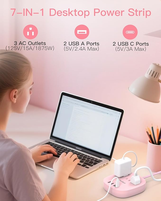 10Ft Flat Plug Power Strip, Pink Flat Extension Cord - 3 Outlets 4 USB Ports (2 USB C) Desktop Charging Station, Cruise Ship Power Strip with No Surge Protection for Travel, Dorm Room Essentials