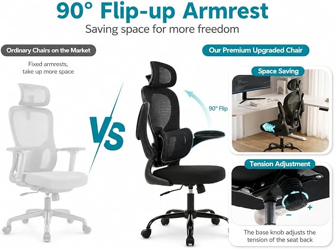 Ergonomic Office Chair with Adjustable Headrest & Lumbar Support, High Back Mesh Desk Chair, 330 LBS Capacity Swivel Computer Chair with Flip-Up Arms, Home Office Gaming Chair(Black)