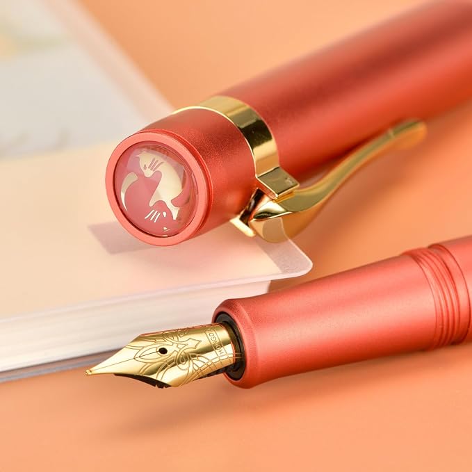 HONG DIAN M2 Black Forest Mini Fountain Pen, Long Blade Nib & Sleek Shape Aluminium Short Pocket Travel Pen (Orange Red)
