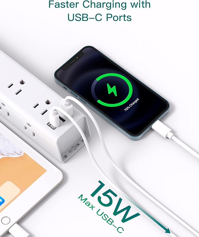 Surge Protector Power Strip - 5 FT Extension Cord, Power Strip with 12 Widely AC Outlet 3 USB, Flat Plug Wall Mount Overload Protection, 1050J, Desk Charging Station for Home Office, ETL Listed,White