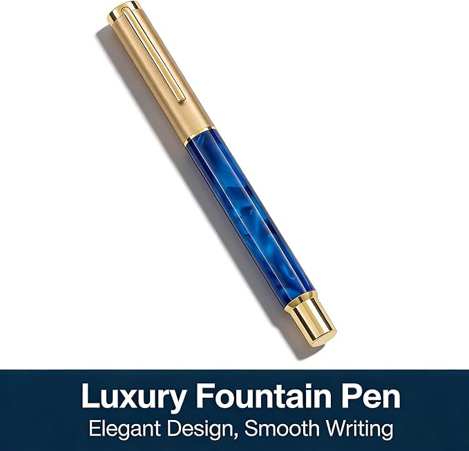 Luxury Rollerball Pen with Gold Trim, Elegant Resin Writing Instrument, Fine Point Black Ink Refill, Business Signature Pen with Metal Gift Box for Executive, Men, Women (Glacier Blue)