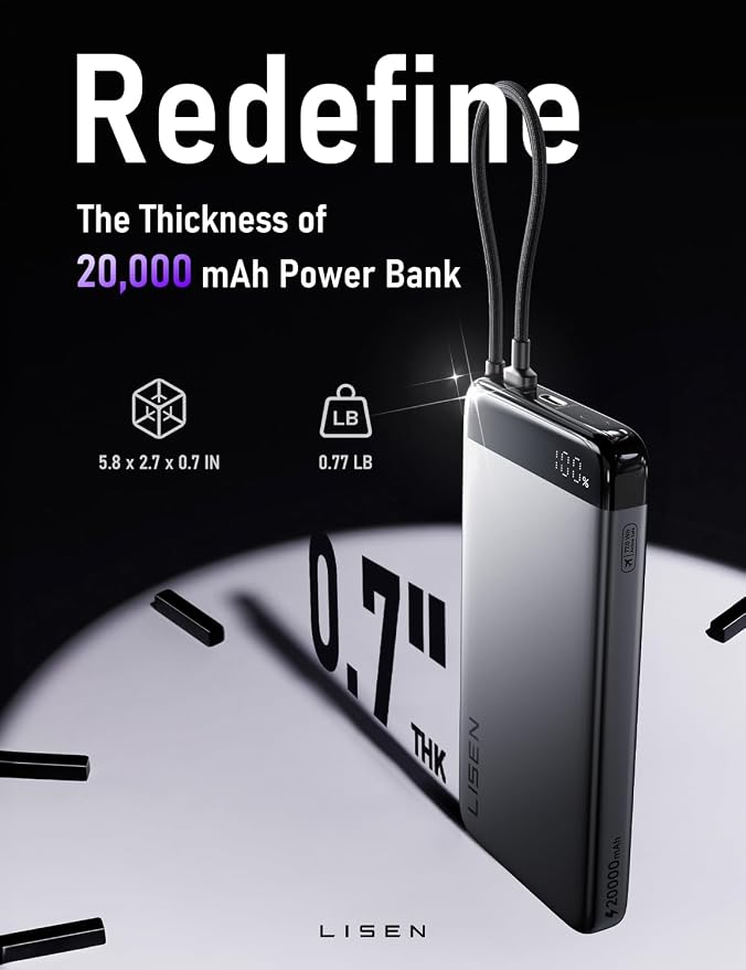 LISEN CCC Certified [Metal Alloy] 20000mAh Power Bank for 40+ Hours of Extra Power, TSA Approved Airplane Travel Essentials, 35W Fast Charging for iPhone 17 16 15 Pro Max Samsung Galaxy S26 Ultra iPad