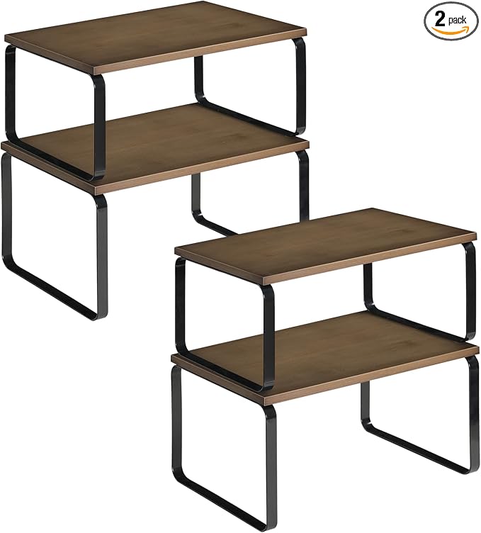 HOOBRO Cabinet Organizer Shelf, Set of 4 Kitchen Counter Shelves, Expandable Kitchen Storage, Stackable Bamboo Spice Rack, for Kitchen, Countertop, Office Desk, Bathroom, Mocha and Black CB30TLP201