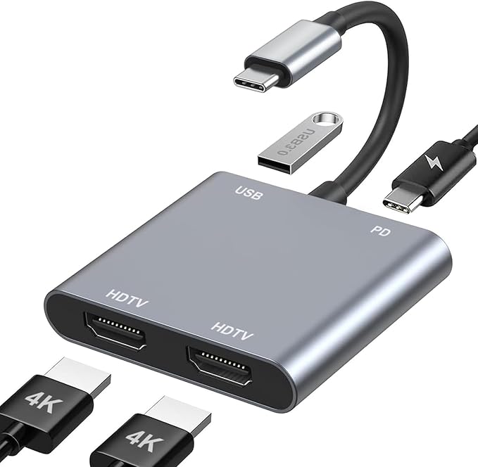USB C to Dual HDMI Adapter, 4K@60Hz HDMI Splitter for Dual Monitors with USB 3.0, 100W PD Charging, HDMI Splitter Extended Display for MacBook Air/Pro, Dell XPS, HP, Surface, Chromebook