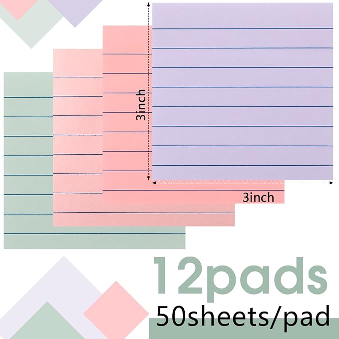 AmazingSpark 12 Pack Lined Sticky Notes 3x3 inch Post Ruled Stickies Super Self Stick Power Memo Pads Multi Colors Notes Pads Vintage Aesthetic School Office Supplies Accessories(Macarons)