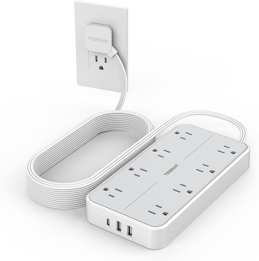 TESSAN Power Strip Surge Protector, 15FT Flat Plug Extension Cord with 8 Outlets 3 USB Charger(1 USB C), 1080 Joules Protection, Wall Mountable Charging Station for Home Office Dorm, Gray