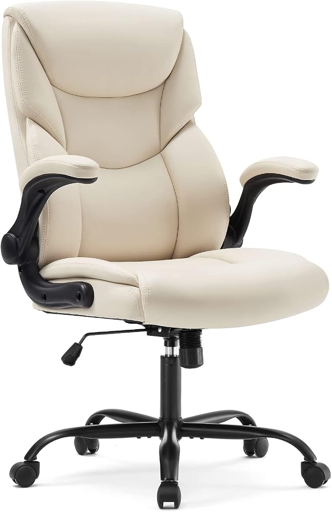 DUMOS PU Leather Office Chair - Ergonomic Executive Computer Desk Chairs with Adjustable Flip-up Armrest, Swivel Task Chair with Lumbar Support, Strong Metal Base, Cream White