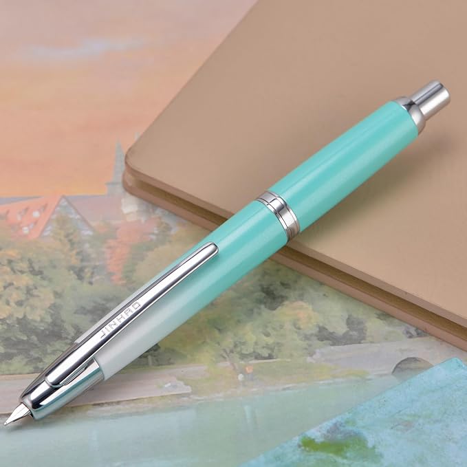 Jinhao 10 Press Fountain Pen with Box, Gradient Mint Green Retractable Medium Nib with Ink Converter Set (Silver Clip)
