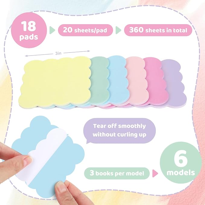 JarThenaAMCS 18 Pack Scalloped Sticky Notes Pastel Wavy Edge Memo Pads 3 Inch Colorful Self-Adhesive Notepads for School Office Home Accessories Party Decor Supplies, 360 Sheets