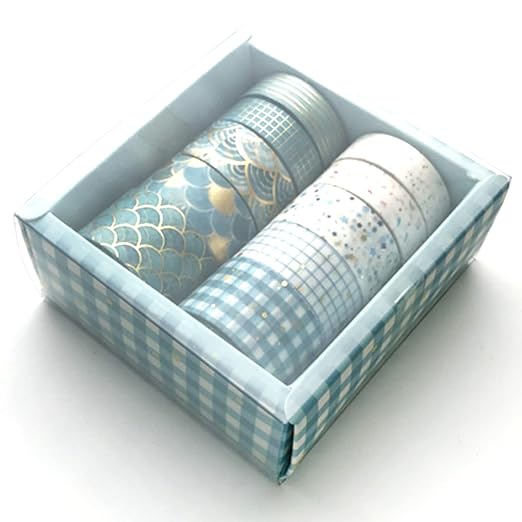 Creative Washi Tape Set 10 Rolls Gold Foil Print Decorative Masking Tapes for Arts, DIY Crafts, Journals, Planners, Scrapbook, Wrapping (Blue Melody)