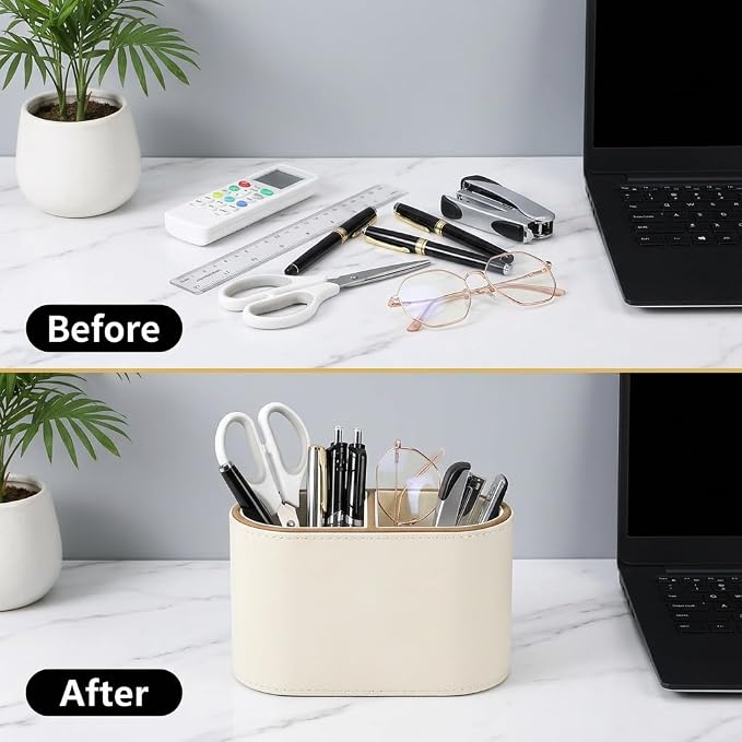 PU Leather Pen Holder, Desk Organizer Caddy with 2 Compartments | Multifunctional Remote Control Holder, Eyeglass Holder, Stationery Case for Office Supplier, Home