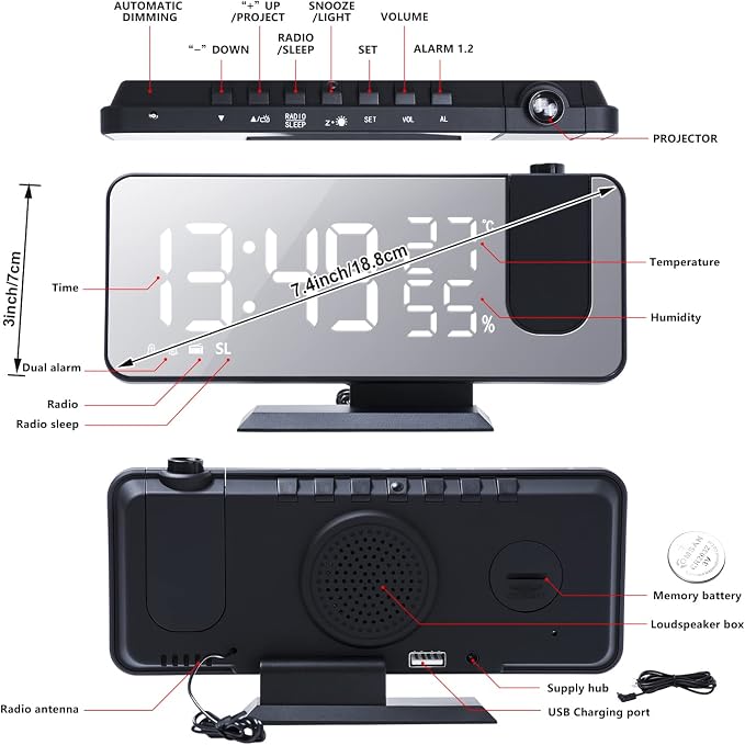 Projection Alarm Clock for Bedrooms Ceiling, Digital Clock Radio | With USB Charger Port, Temperature & Humidity Display, 7.3” Large LED Display,12/24H,Snooze,Dual Loud Clock- 4 Dimmer