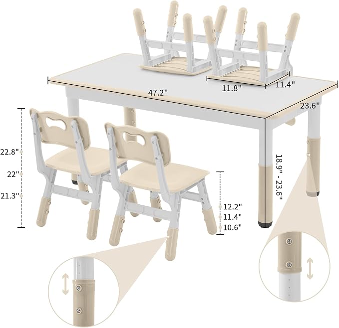 DOREROOM Adjustable Kids Table & 4 Chairs Set, 47.2" L x 23.6" W, Natural | Graffiti Desktop,Table Supports 300 lbs,Toddler Ages 2-8，FSC-certified, Children Activity Table for Daycare, Classroom, Home