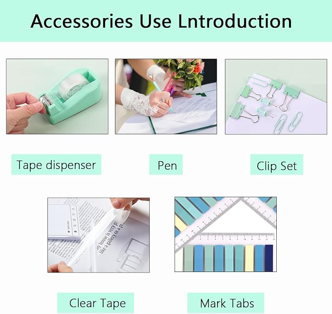 Office Supplies,Green Desk Accessories,Office Supplies Set,Desk Organizer,Stapler,Tape Dispenser,Scissors,Staple Remover,Binder Clips,Staples,Ballpoint Pen,Index Tabs with Ruler,Clear Tape.10pcs