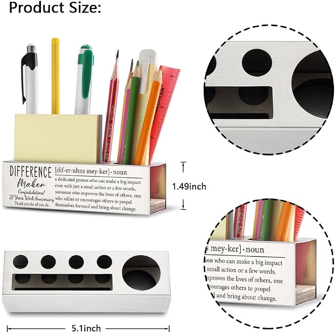 THRXOBN 27th Work Anniversary Appreciation Gifts for Coworker, 27 Years Work Anniversary Congratulations Gift for for Women, Stainless Steel Pen Holder With Work Anniversary Quotes, WBA27