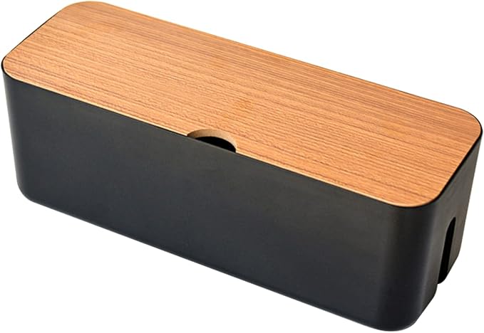 Cable Management Box - Wooden Style Large Cord Organizer Box to Hide Wires & Power Strips | Desk Computer Cable Organizer Box | Safe ABS Materia for Home & Office (Black)
