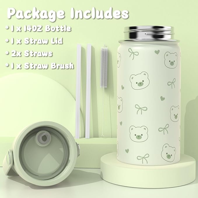 ACESAK Backpack for Girls with Insulated Water Bottle - 4 PCS Cute Girls Backpack with Lunch Box, Pencil Case & Kids Cup Set - 14oz Kids Water Bottle with Straw Set Back to School Supplies (Green)