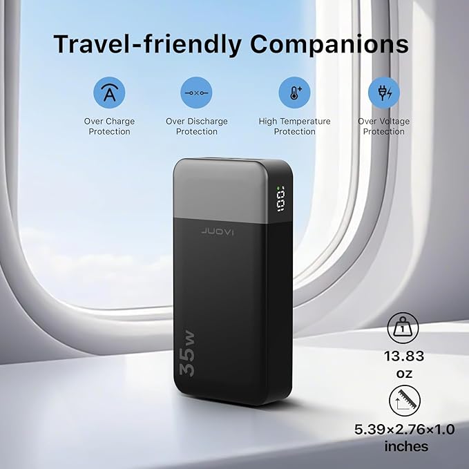 JUOVI Power Bank 35W 20000mAh Portable Charger Fast Charging，PD 3.0 QC 4.0 Fast Charging Phone Charger with LED Display, Travel Battery Pack 2 USB C 2 USB A Ports for iPhone 16/15/14 Series, Galaxy,
