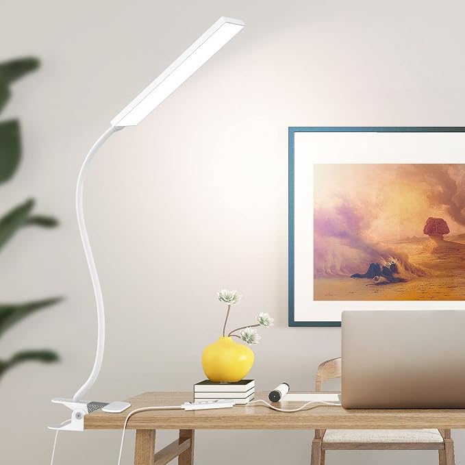 Vansuny Clip on Light LED Desk Lamp with Metal Clip, 6 Level Brightness 3 Color Modes, Power by USB Port 5W Adjustable Neck Eye-Caring Reading Light for Home and Office, White