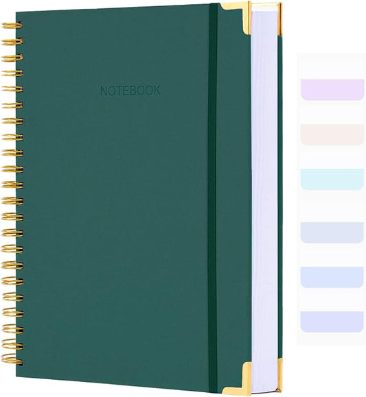 Spiral Notebook, Dotted Notebook, 8.5" x 11", 300 Page Hardcover Large Dot Grid Notebook Journal for Bullet, Notes, Thick Paper Fights Ink Bleed, A4 Leather Journal for Women Men, 24 PCS Tabs, Green