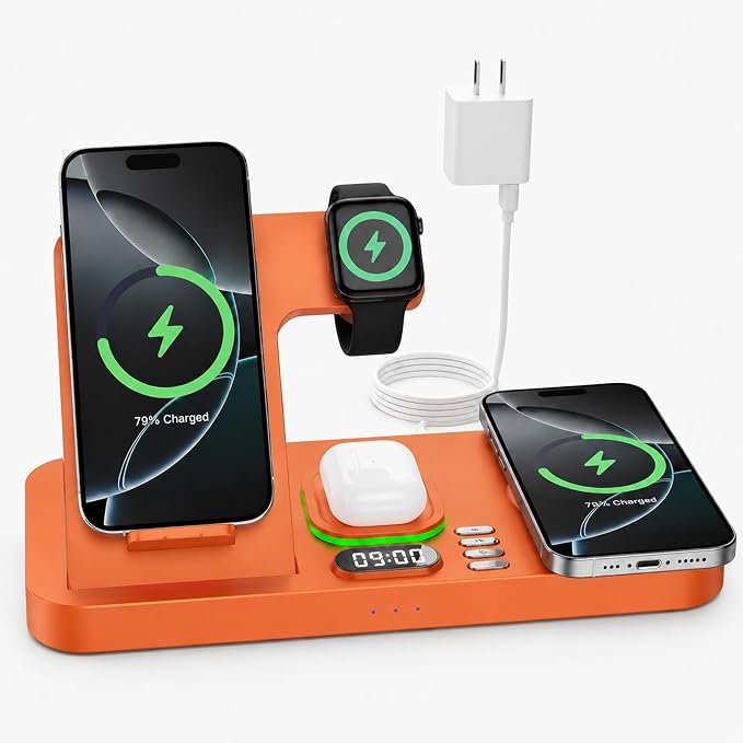 Dual Phone Wireless Charging Station for Apple Devices, Magnetic Charging Station for iPhone with Auto Switch 7-Color Light&Clock,Family Watch Charger for iPhone17 for iWatch11for AirPods Pro3(Orange)
