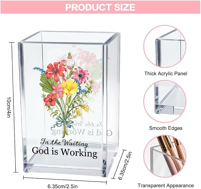 in The Waiting God is Working Acrylic Cosmetic Bible Verse Pencil Pen Holder Cup, Floral Christian Desk Organizer Accessories for Home Office Decor, Christian Faith Gifts for Women Girl Coworker