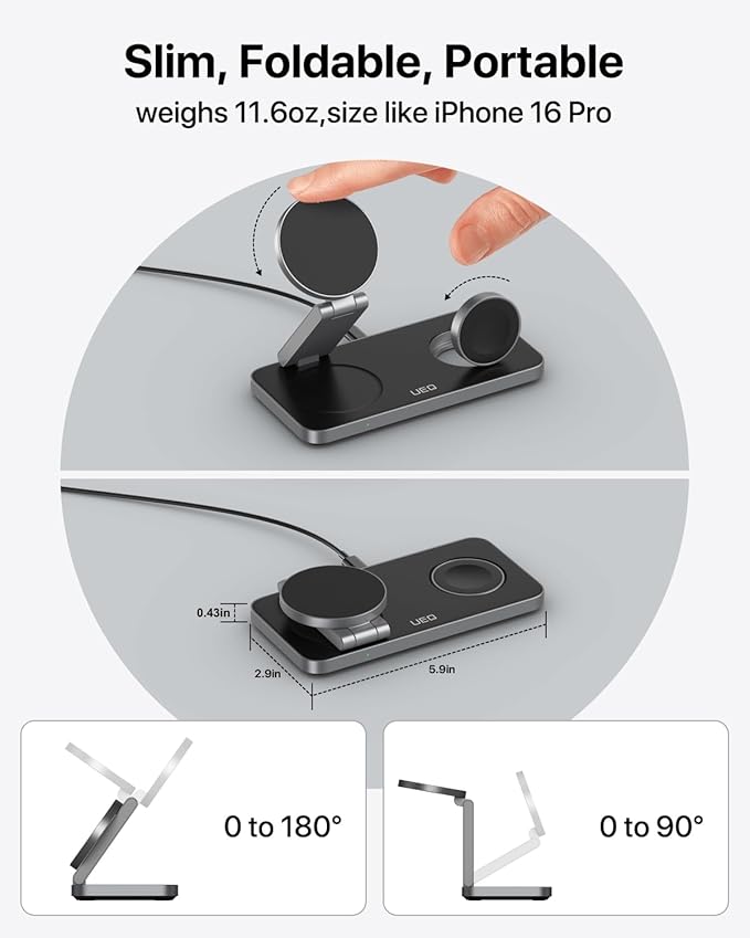 Foldable 3 in 1 Wireless Charging Station for Apple Magsafe Charger Stand,Fast Magnetic Wireless Charger Station for iPhone 17 Air 16 15 14 13 12 Series,Airpods Pro,Apple Watch Ultra (Pure Black)