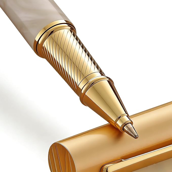Luxury Rollerball Pen with Gold Trim, Elegant Resin Writing Instrument, Fine Point Black Ink Refill, Business Signature Pen with Metal Gift Box for Executive, Men, Women(White Ice River)